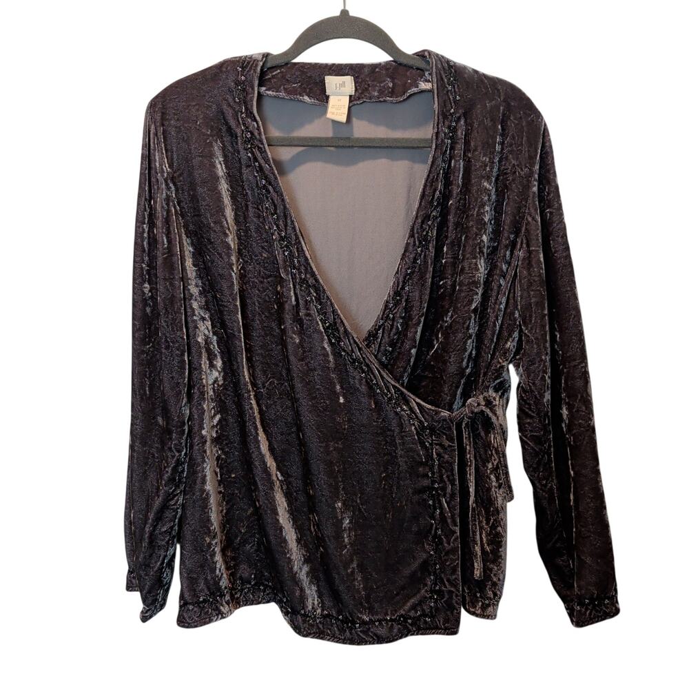 J. Jill Plus Sz 12 Grey Crushed Velvet Long Sleeve True Wrap Top Beaded Blouse